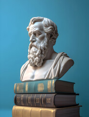 Marble bust of a Greek philosopher and old books. Philosophy of life and wisdom. - obrazy, fototapety, plakaty