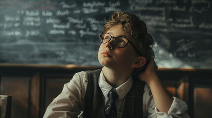 Teenager in class on background of blackboard.