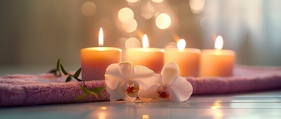 A Spa-Inspired Composition Featuring Gentle Candlelight and Fragrant Flowers