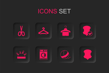 Set Washer, Hanger wardrobe, Scissors, Yarn ball, Leather, and Needle bed and needles icon. Vector