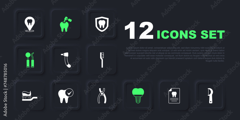 Poster Set Clipboard with dental card, Dental floss, Tooth drill, implant, mirror and probe, caries and pliers icon. Vector