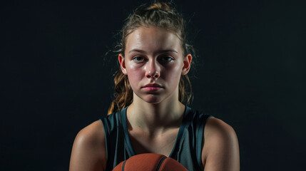 Fototapeta na wymiar Young Caucasian female basketball player holds a basketball confidently on a black background.