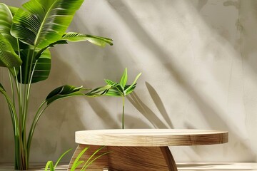 Modern geometric design oak wood grain wooden podium, tropical banana tree in sunlight, leaf shadow on blank beige wall for luxury organic cosmetic, skin care. generative ai.