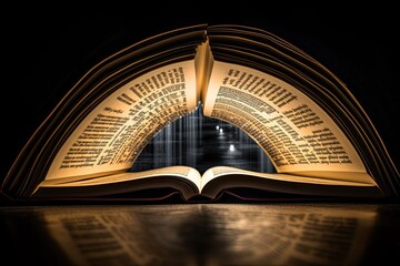 Words of Knowledge: An Open Book Tunnel with Latin Letters and Words Shaped in Perspective. Dramatic Black Lighting for Education and Cognition Concept - obrazy, fototapety, plakaty
