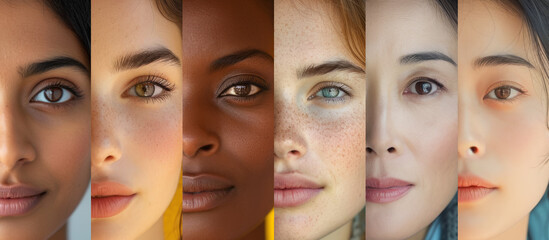 Close-up of five women's faces in row, highlighting diverse skin tones and eye colors. Different nationality and beauty standards.
