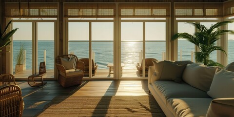 Coastal Serenity: A Beachfront Villa with Ocean Views and Coastal Decor. - obrazy, fototapety, plakaty