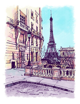 Architecture sketch illustration. An urban colorful landscape of The Eiffel Tower and a street in Paris, France, Europe. Freehand digital drawing. Hand drawn travel postcard. Banner, poster design.