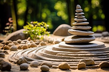 Zen Garden. Rock Garden with Stones and Sand. Concept of Meditation and Zen Buddhism