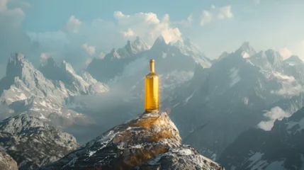 Fotobehang mockup of a golden bottle on a background of snowy mountains with space for text © katerinka