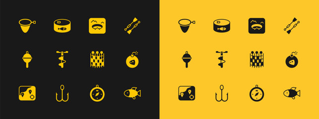 Set Oars or paddles boat, Fishing hook, net pattern, Compass, Hand ice drill, Winter fishing, and Canned icon. Vector