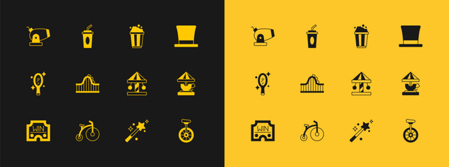 Set Cylinder hat, Vintage bicycle, Attraction carousel, Magic wand, Roller coaster, Popcorn cardboard box, Cannon and Paper glass with water icon. Vector © Iryna