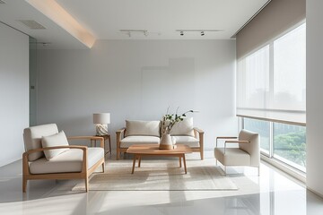 Naklejka na ściany i meble Minimalist Elegance: A Modern Living Room with Sleek Furniture and Clean Lines.