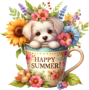Happy Easter. Illustration of a cute puppy with flowers in a cup with Easter eggs on the ground. For postcards, t-shirts