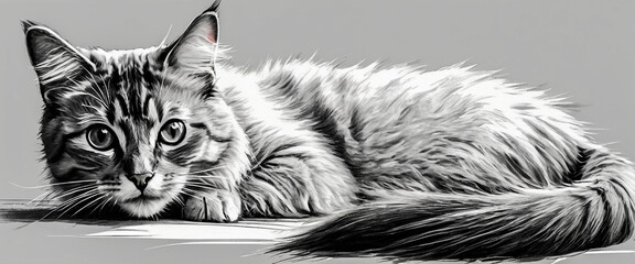 Black and white cat illustration. Sketch of a cute cat. Isolated on gray background.