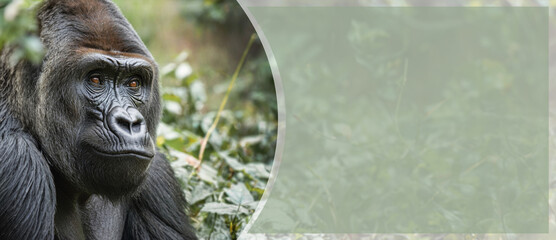 Portrait of a male gorilla, close-up. Male gorilla in natural conditions.  Created by artificial...