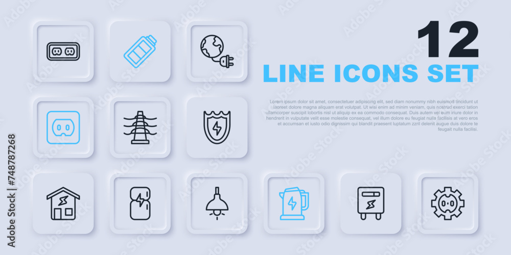 Poster Set line Electric meter, Electrical outlet, tower line, kettle, Refrigerator, Battery charge and Lamp hanging icon. Vector