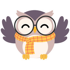 happy cute owl wearing eye glasses and scarf cartoon illustration