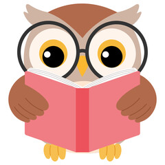 happy cute owl wearing eye glasses and reading book cartoon illustration