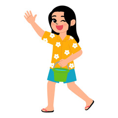 happy girl wearing flower pattern shirt and holding a water bucket  for having fun in songkran festival cartoon illustration
