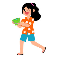 happy girl wearing flower pattern shirt and holding a water bucket  for having fun in songkran festival cartoon illustration