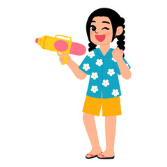 happy girl wearing flower pattern shirt and holding a gun water for having fun in songkran festival cartoon illustration