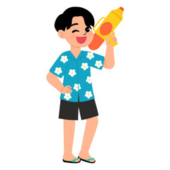 happy boy wearing flower pattern shirt and holding a gun water for having fun in songkran festival cartoon illustration