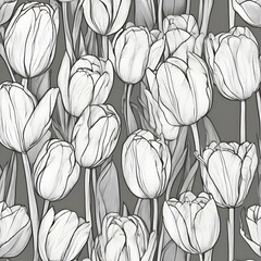 Seamless pattern hand-drawn illustration of cluster of tulips, simple yet elegant manner, for coloring bocks, wallpaper design, essence of spring, beauty of nature - obrazy, fototapety, plakaty