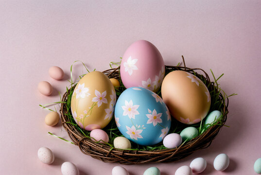 Tree nest with beautiful decorated eggs, Happy Easter, colorful decorated eggs,