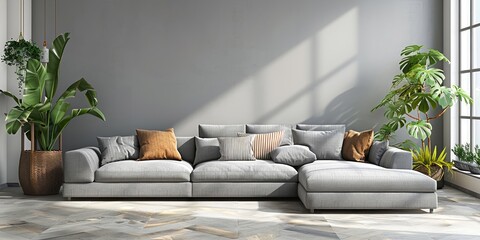 Modern living room bathed in sunlight, with cozy grey couch and vibrant green plants