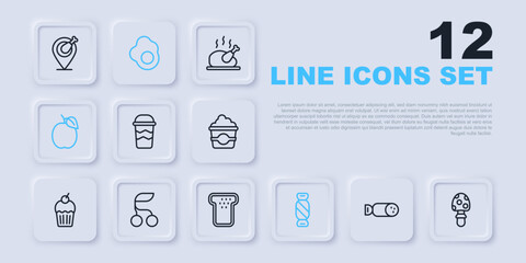 Set line Salami sausage, Fly agaric mushroom, Coffee cup to go, Candy, Plum fruit, Fresh berries, Scrambled egg and Bread toast icon. Vector