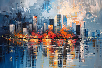 Skyline city view with reflections on water. Acrylic painting on canvas. Generative AI. - 748787663