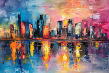 Skyline city view with reflections on water. Acrylic painting on canvas. Generative AI. - 748787666