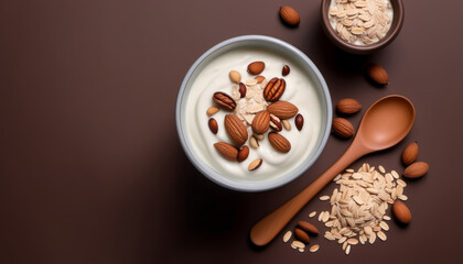 From above close up of yogurt with oats and nuts on brown background, minimal composition