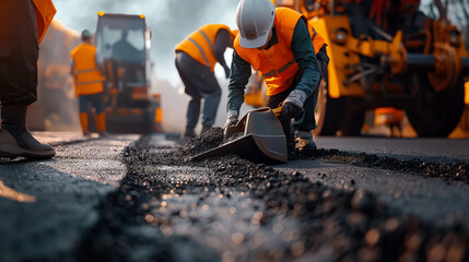 Teamwork of road workers in the work of laying asphalt on a construction site. Leveling with hot asphalt and repairing the road - obrazy, fototapety, plakaty