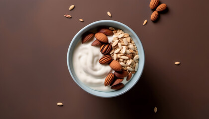 From above close up of yogurt with oats and nuts on brown background, minimal composition
