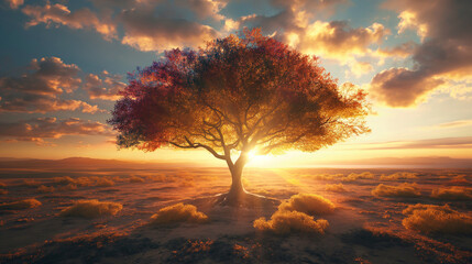 Lonely - Colorful Tree stands in the middle of the bare desert. Hot sun rays pass through the branches of a tree - obrazy, fototapety, plakaty