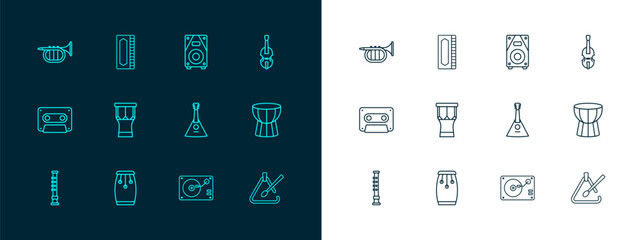 Set line Violin, Conga drums, Balalaika, Vinyl player with vinyl disk, African percussion, Stereo speaker, Trumpet and Harmonica icon. Vector