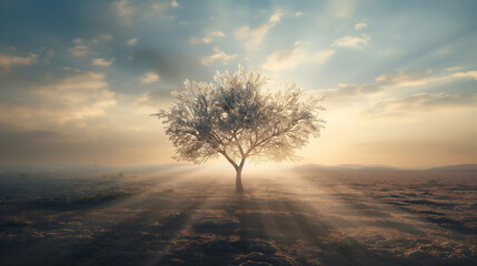 Lonely tree stands in the middle of the bare desert. Hot sun rays pass through the branches of a tree - obrazy, fototapety, plakaty