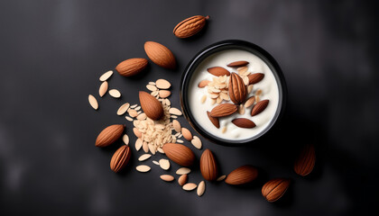 From above close up of yogurt with oats and nuts on gray background, minimal composition