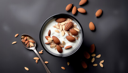 From above close up of yogurt with oats and nuts on gray background, minimal composition