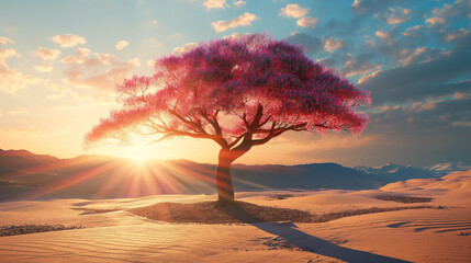 Lonely - Colorful Tree stands in the middle of the bare desert. Hot sun rays pass through the branches of a tree - obrazy, fototapety, plakaty