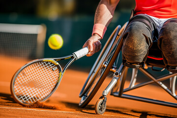 Wheelchair Tennis Athlete Playing on Clay Court - obrazy, fototapety, plakaty