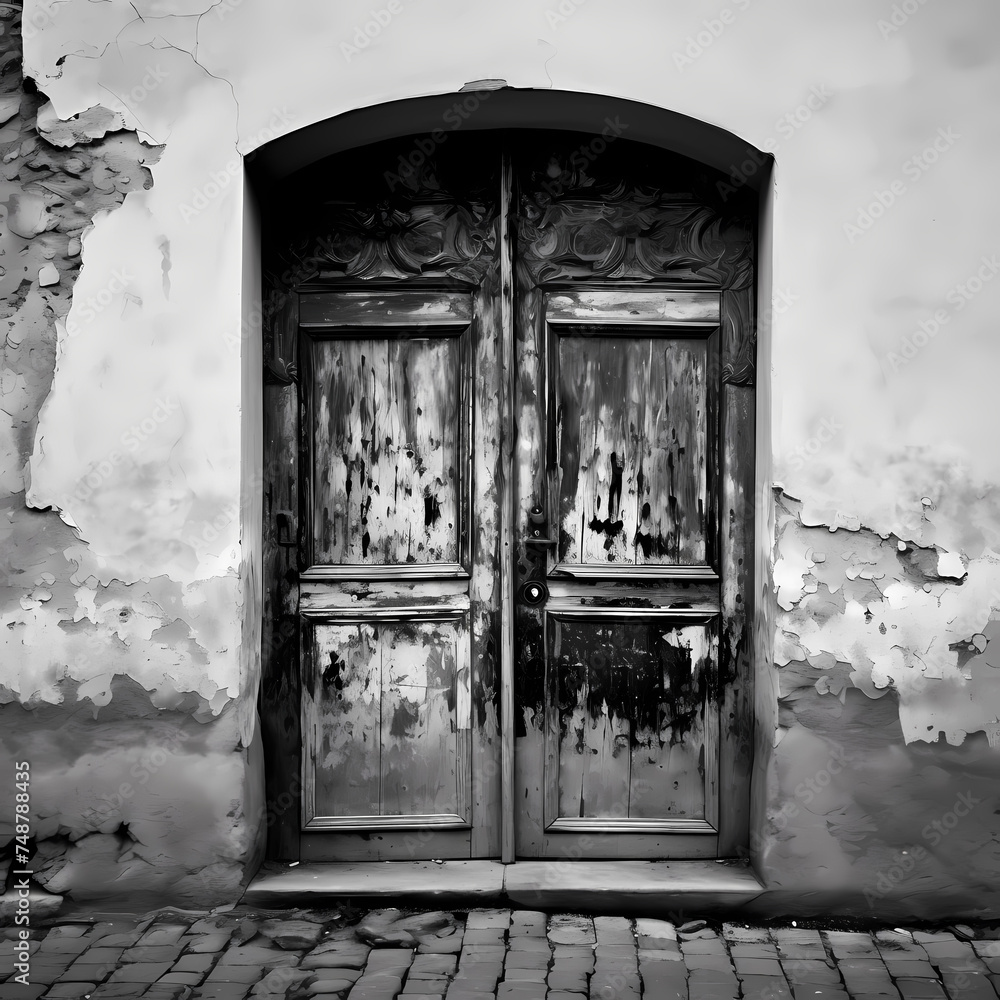 Poster A black and white photo of an old weathered door.