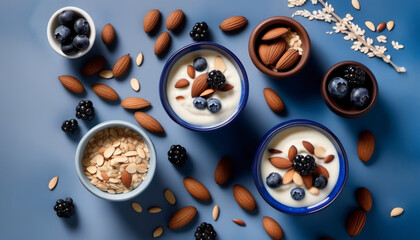 From above close up of yogurt with berries, oats and nuts on blue background, minimal composition