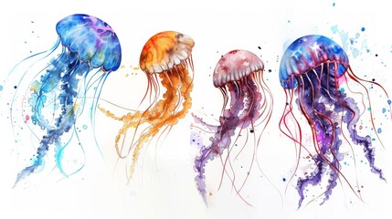 Jellyfish in watercolors - obrazy, fototapety, plakaty