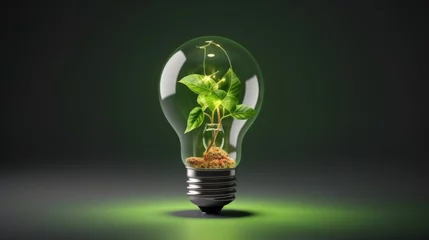 Fotobehang Green energy. Ecology, environment. Bulb with tree on dark background © Vladimir