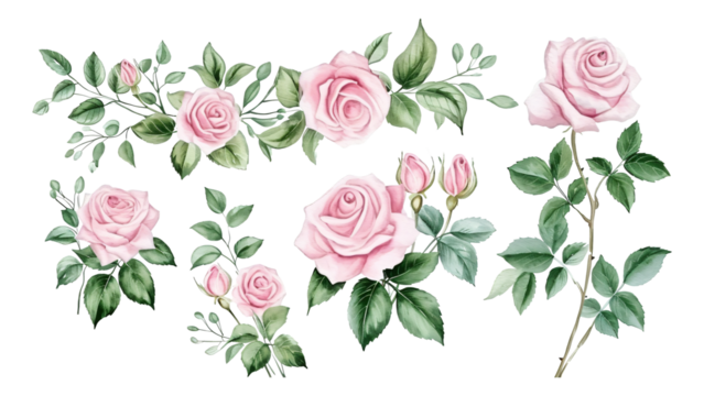 Sets of four pink roses in watercolor.