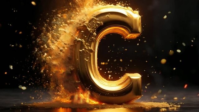 Lette c golden 3d on fire video animation, seamless looping video background animation	