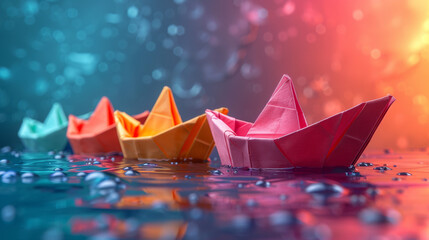Colorful origami ships. Paper boat floating, paper art style and creative ideas. - obrazy, fototapety, plakaty