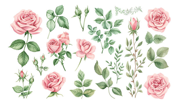 Sets of four pink roses in watercolor.